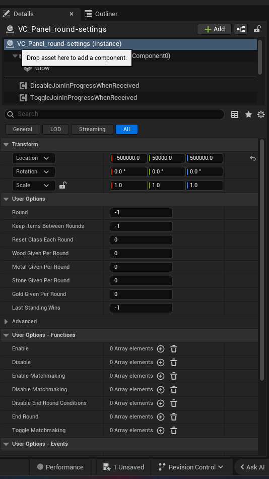Round Settings Device settings and options panel in the UEFN editor — Round, Keep Items Between Rounds, Reset Class Each Round, Wood Given Per Round, Metal Given Per Round, Stone Given Per Round, Gold Given Per Round, Last Standing Wins