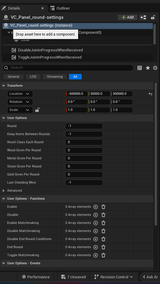 Round Settings Device settings and options panel in the UEFN editor — Round, Keep Items Between Rounds, Reset Class Each Round, Wood Given Per Round, Metal Given Per Round, Stone Given Per Round, Gold Given Per Round, Last Standing Wins