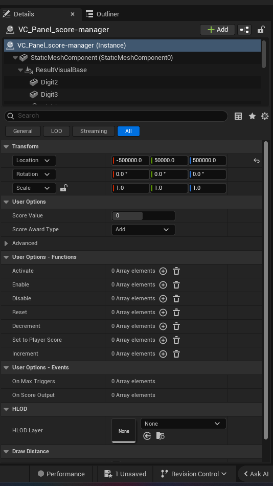 Score Manager Device settings and options panel in the UEFN editor — Score Value, Score Award Type