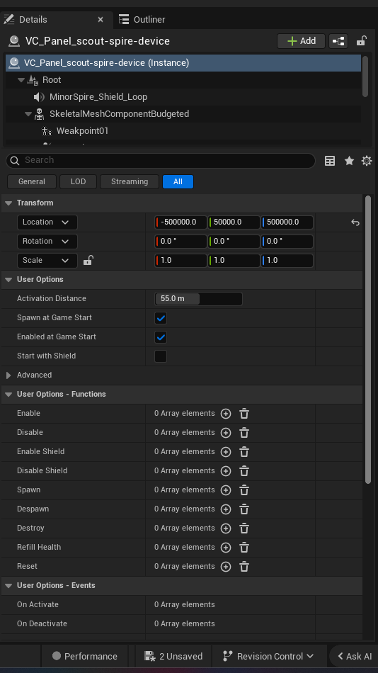 Scout Spire Device settings and options panel in the UEFN editor — Activation Distance, Spawn at Game Start, Enabled at Game Start, Start with Shield