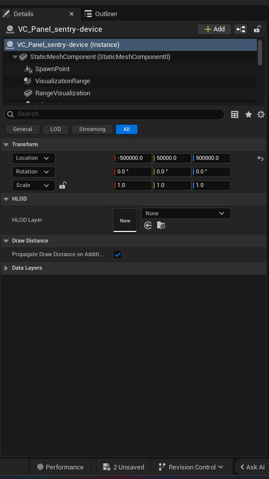 Sentry Device settings and options panel in the UEFN editor — Weapon Type, Health, Shield, Respawn Time, Range, Accuracy, Sentry Scale