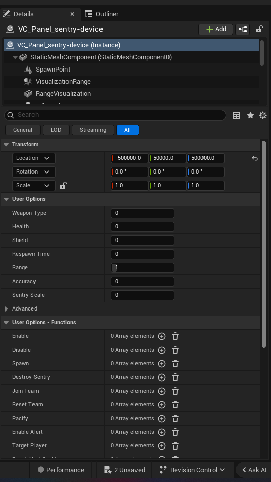 Sentry Device settings and options panel in the UEFN editor — Weapon Type, Health, Shield, Respawn Time, Range, Accuracy, Sentry Scale