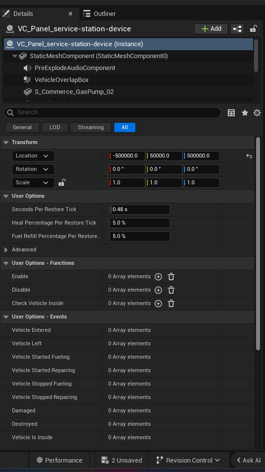 Service Station Device settings and options panel in the UEFN editor — Seconds Per Restore Tick, Heal Percentage Per Restore Tick, Fuel Refill Percentage Per Restore..