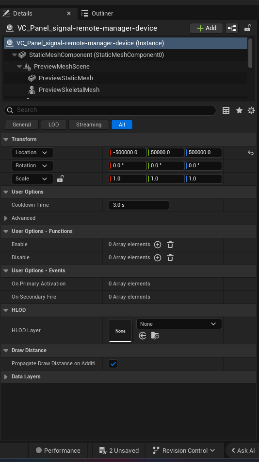 Signal Remote Manager Device settings and options panel in the UEFN editor — Cooldown Time