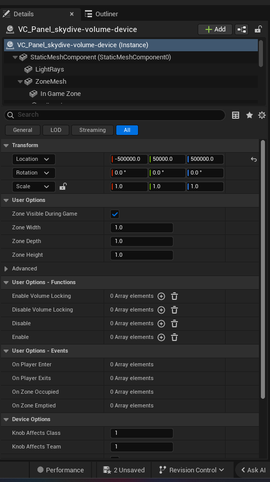 Skydive Volume Device settings and options panel in the UEFN editor — Zone Visible During Game, Zone Width, Zone Depth, Zone Height