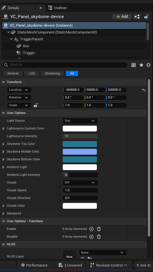 Skydome Device settings and options panel in the UEFN editor — Light Source, Lightsource Custom Color, Lightsource Intensity, Skydome Top Color, Skydome Middle Color, Skydome Bottom Color, Ambient Light, Ambient Light Intensity, Clouds, Clouds Speed, Clouds Direction, Clouds Color