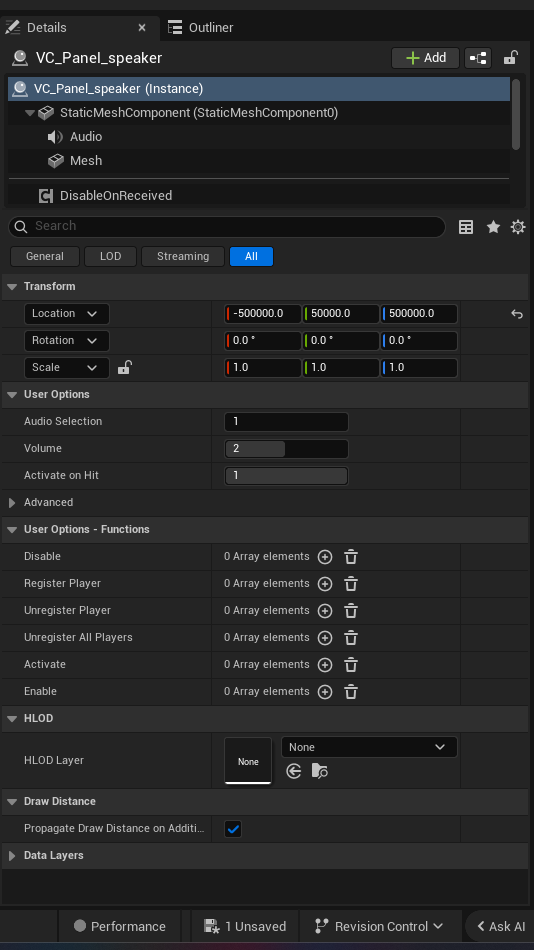 Speaker Device settings and options panel in the UEFN editor — Audio Selection, Volume, Activate on Hit