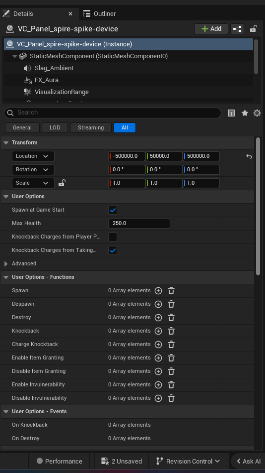 Spire Spike Device settings and options panel in the UEFN editor — Spawn at Game Start, Max Health, Knockback Charges from Player P.., Knockback Charges from Taking.
