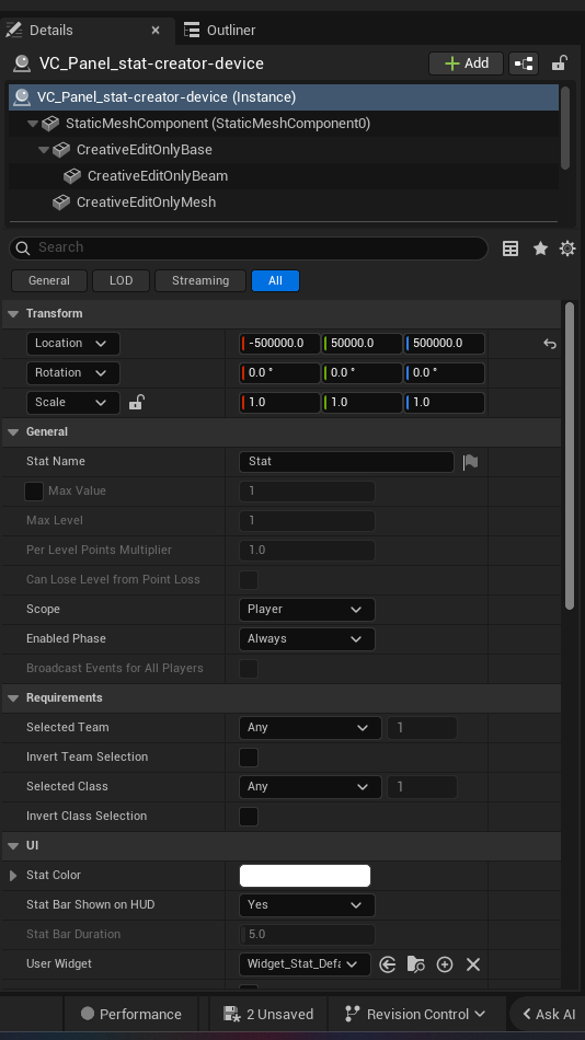 Stat Creator Device settings and options panel in the UEFN editor