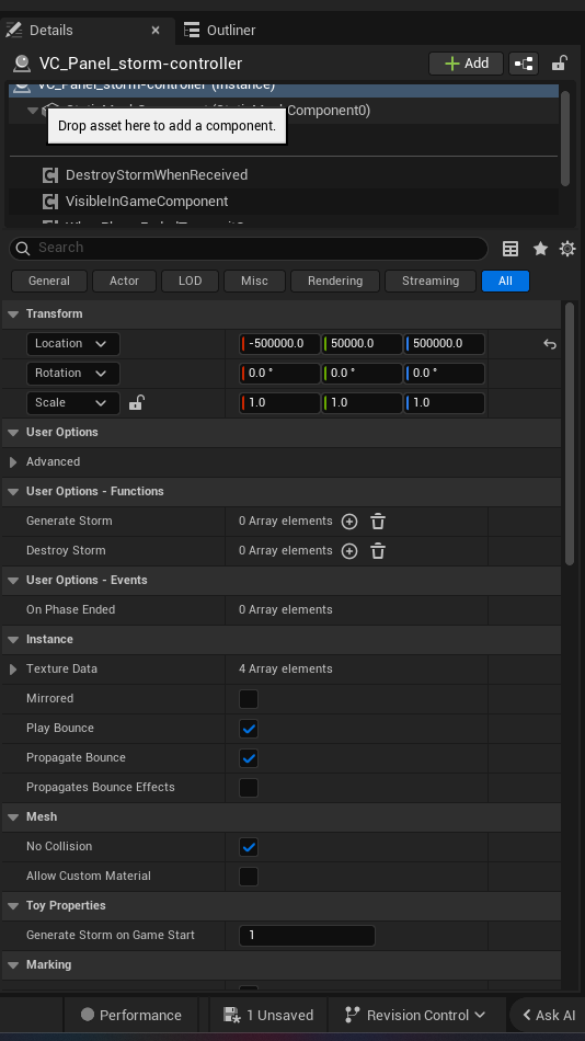 Storm Controller Device settings and options panel in the UEFN editor (view 1 of 3)