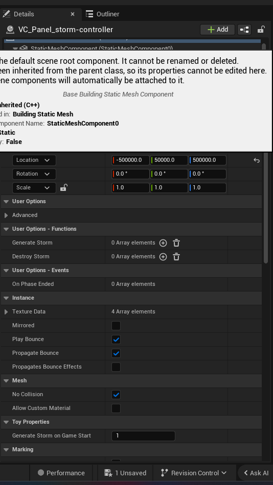 Storm Controller Device settings and options panel in the UEFN editor (view 3 of 3)