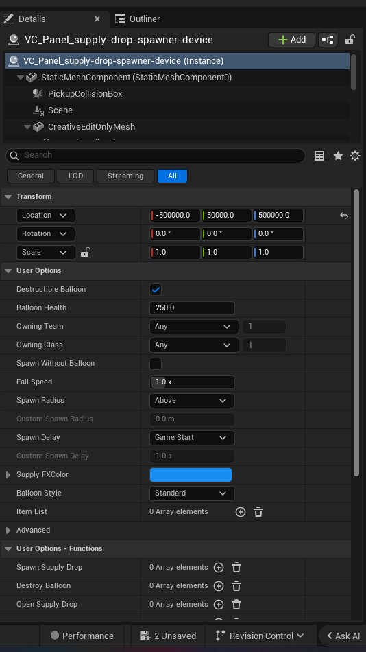 Supply Drop Spawner Device settings and options panel in the UEFN editor — Destructible Balloon, Balloon Health, Owning Team, Owning Class, Spawn Without Balloon, Fall Speed, Spawn Radius, Custom Spawn Radius, Spawn Delay, Custom Spawn Delay, Supply FXColor, Balloon Style, Item List