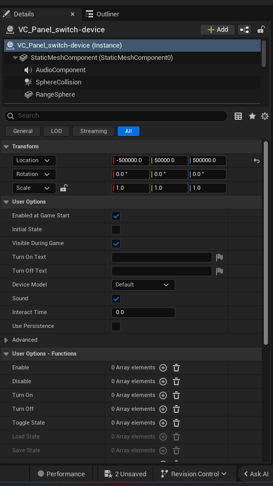 Switch Device settings and options panel in the UEFN editor — Enabled at Game Start, Initial State, Visible During Game, Turn On Text, Turn Off Text, Device Model, Sound, Interact Time, Use Persistence