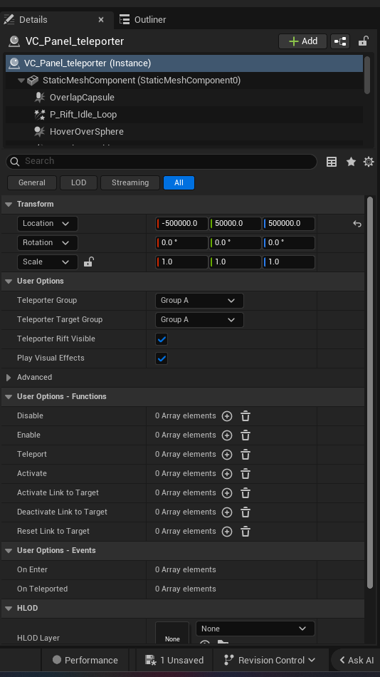 Teleporter Device settings and options panel in the UEFN editor — Teleporter Group, Teleporter Target Group, Teleporter Rift Visible, Play Visual Effects