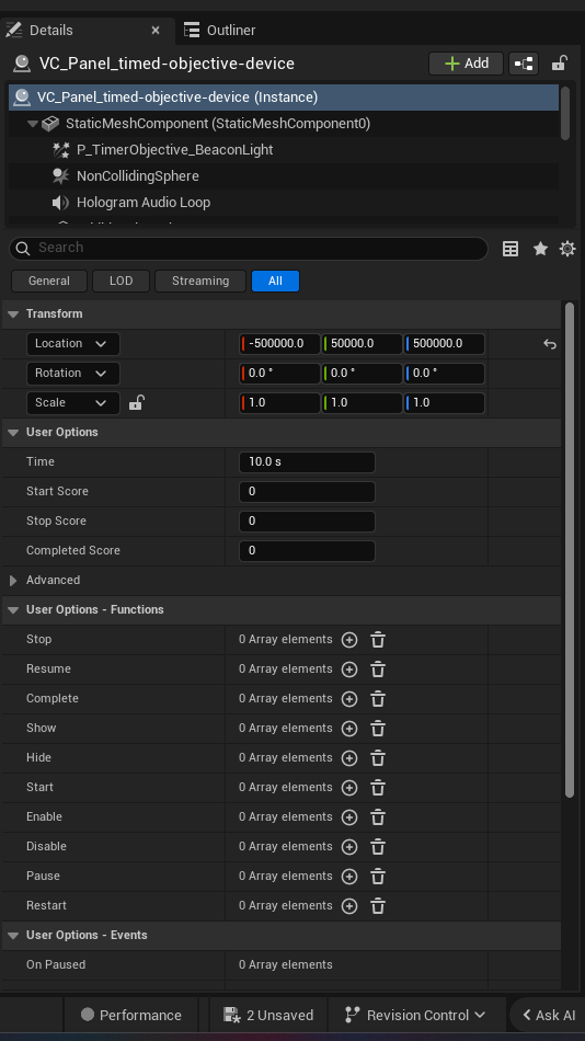 Timed Objective Device settings and options panel in the UEFN editor — Time, Start Score, Stop Score, Completed Score
