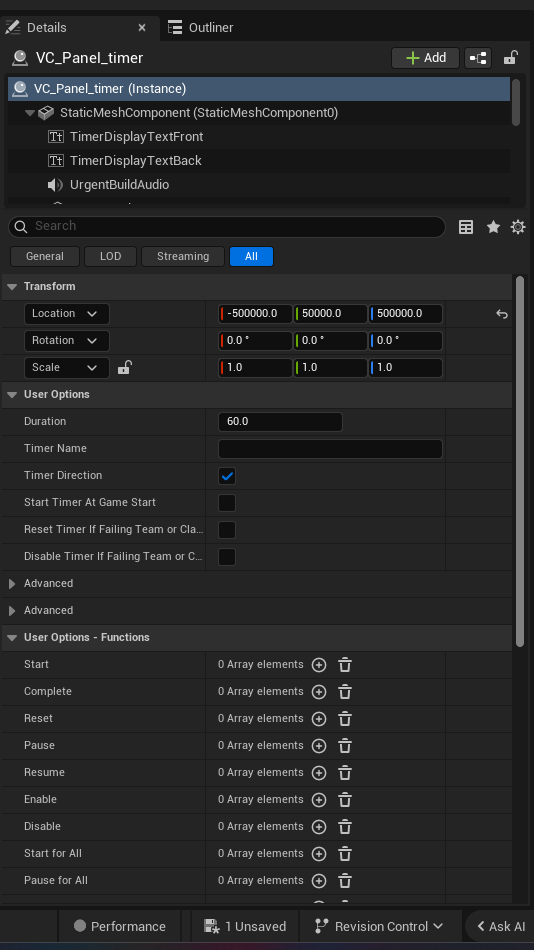 Timer Device settings and options panel in the UEFN editor — Duration, Timer Name, Timer Direction, Start Timer At Game Start, Reset Timer If Failing Team or Cla..., Disable Timer If Failing Team or C..