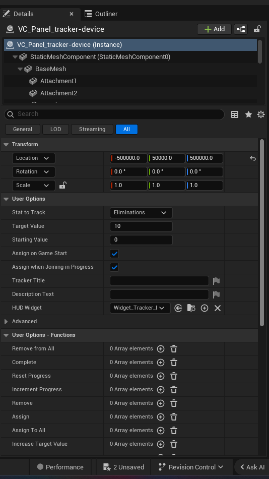 Tracker Device settings and options panel in the UEFN editor — Stat to Track, Target Value, Starting Value, Assign on Game Start, Assign when Joining in Progress, Tracker Title, Description Text, HUD Widget