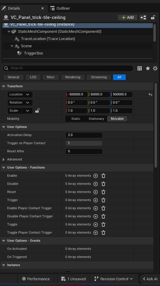 Trick Tile Device settings and options panel in the UEFN editor — Activation Delay, Trigger on Player Contact, Reset After