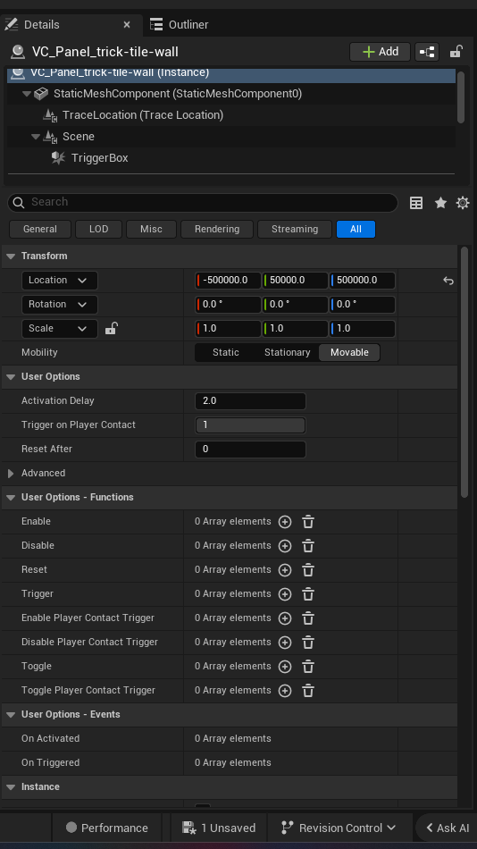 Trick Tile Device settings and options panel in the UEFN editor — Activation Delay, Trigger on Player Contact, Reset After