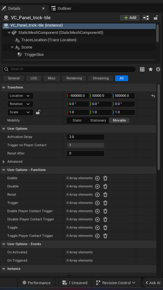 Trick Tile Device settings and options panel in the UEFN editor — Activation Delay, Trigger on Player Contact, Reset After