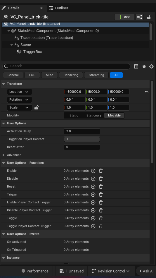 Trick Tile Device settings and options panel in the UEFN editor — Activation Delay, Trigger on Player Contact, Reset After