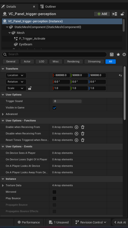 Perception Trigger Device settings and options panel in the UEFN editor — Trigger Sound, Visible in Game, Operat Summ