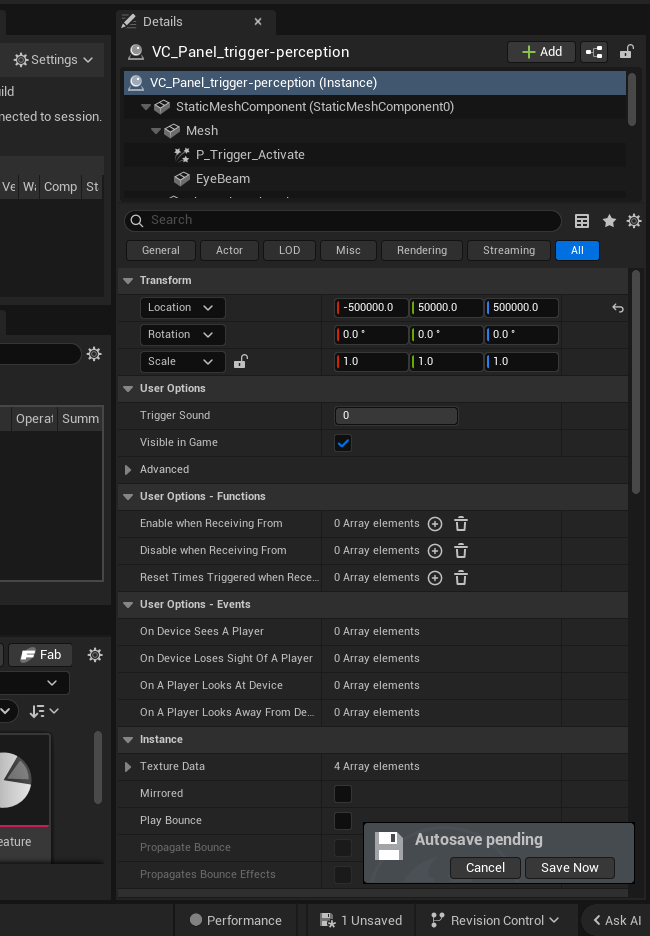Perception Trigger Device settings and options panel in the UEFN editor — Trigger Sound, Visible in Game, Operat Summ