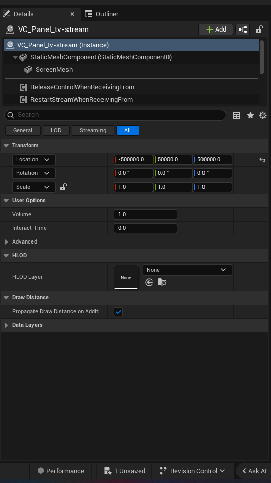 Video Player Device settings and options panel in the UEFN editor — Volume, Interact Time