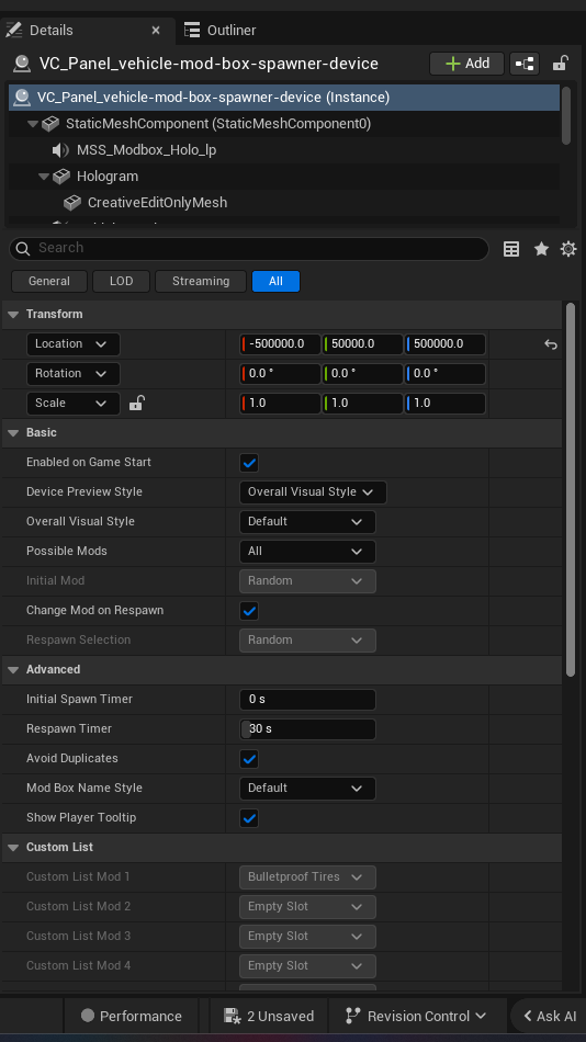 Vehicle Mod Box Spawner Device settings and options panel in the UEFN editor