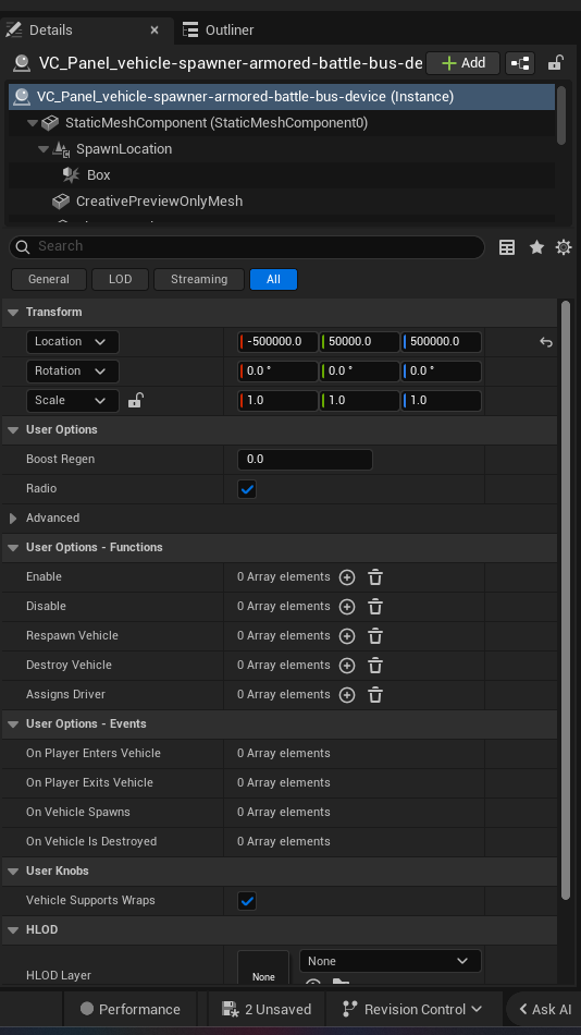 Vehicle Spawner Armored Battle Bus Device settings and options panel in the UEFN editor — Boost Regen, Radio