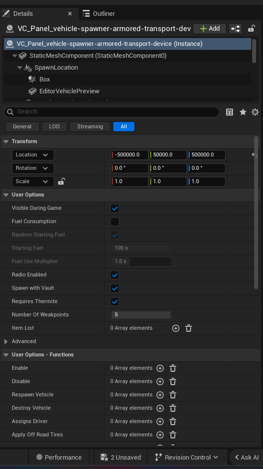 Vehicle Spawner Armored Transport Device settings and options panel in the UEFN editor — Visible During Game, Fuel Consumption, Random Starting Fuel, Starting Fuel, Fuel Use Multiplier, Radio Enabled, Spawn with Vault, Requires Thermite, Number Of Weakpoints, Item List