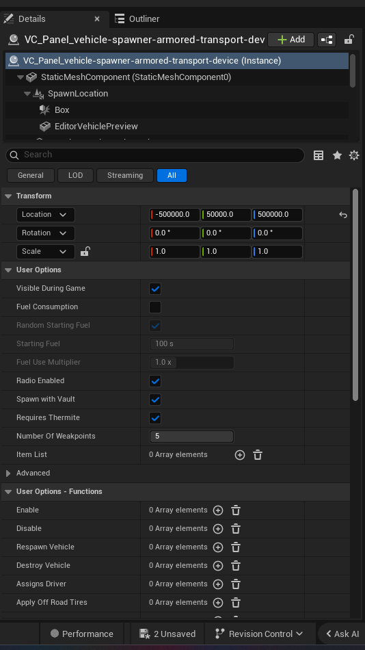 Vehicle Spawner Armored Transport Device settings and options panel in the UEFN editor — Visible During Game, Fuel Consumption, Random Starting Fuel, Starting Fuel, Fuel Use Multiplier, Radio Enabled, Spawn with Vault, Requires Thermite, Number Of Weakpoints, Item List