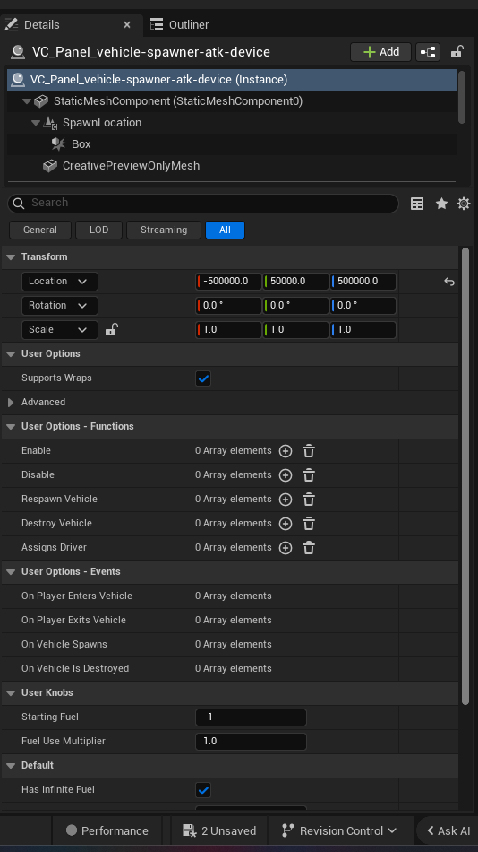 Vehicle Spawner Atk Device settings and options panel in the UEFN editor — Supports Wraps