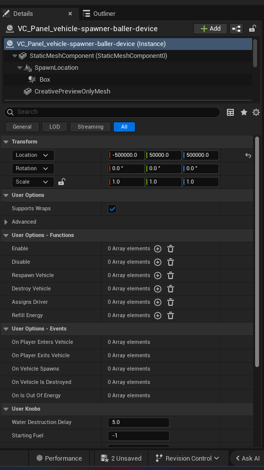 Vehicle Spawner Baller Device settings and options panel in the UEFN editor — Supports Wraps
