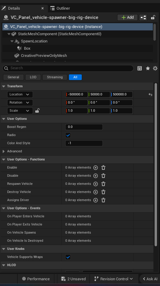 Vehicle Spawner Big Rig Device settings and options panel in the UEFN editor — Boost Regen, Radio, Color And Style