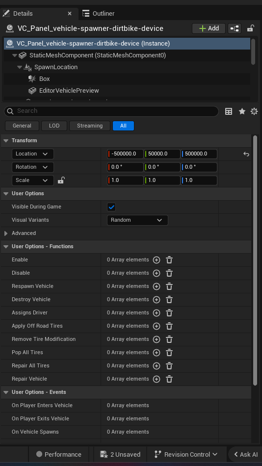 Vehicle Spawner Dirtbike Device settings and options panel in the UEFN editor — Visible During Game, Visual Variants