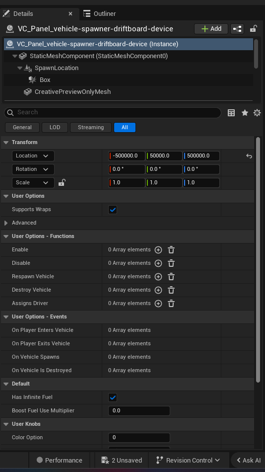 Vehicle Spawner Driftboard Device settings and options panel in the UEFN editor — Supports Wraps