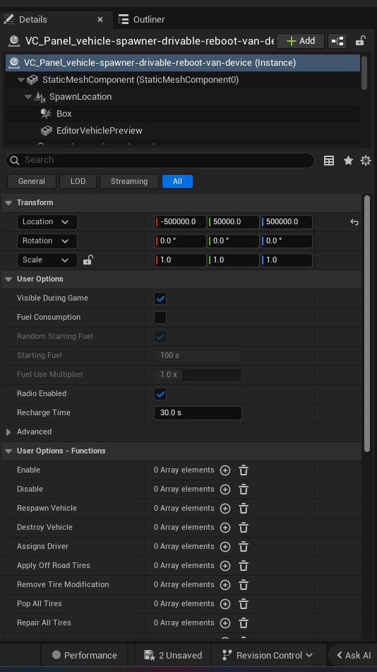 Vehicle Spawner Drivable Reboot Van Device settings and options panel in the UEFN editor — Visible During Game, Fuel Consumption, Random Starting Fuel, Starting Fuel, Fuel Use Multiplier, Radio Enabled, Recharge Time