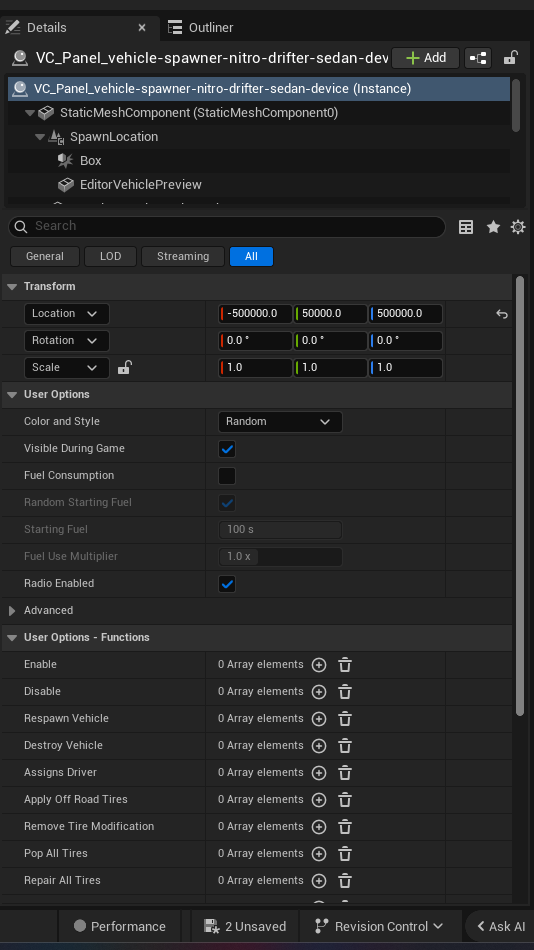 Vehicle Spawner Nitro Drifter Sedan Device settings and options panel in the UEFN editor — Color and Style, Visible During Game, Fuel Consumption, Random Starting Fuel, Starting Fuel, Fuel Use Multiplier, Radio Enabled