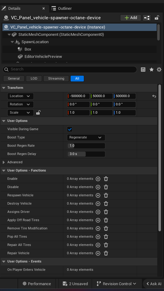 Vehicle Spawner Octane Device settings and options panel in the UEFN editor — Visible During Game, Boost Type, Boost Regen Rate, Boost Regen Delay