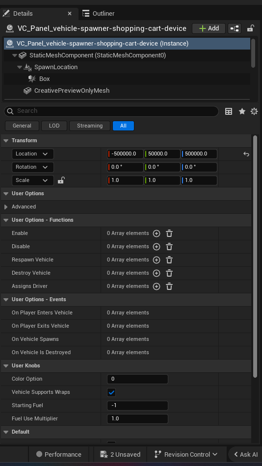 Vehicle Spawner Shopping Cart Device settings and options panel in the UEFN editor