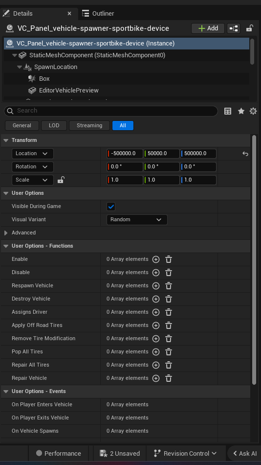 Vehicle Spawner Sportbike Device settings and options panel in the UEFN editor — Visible During Game, Visual Variant