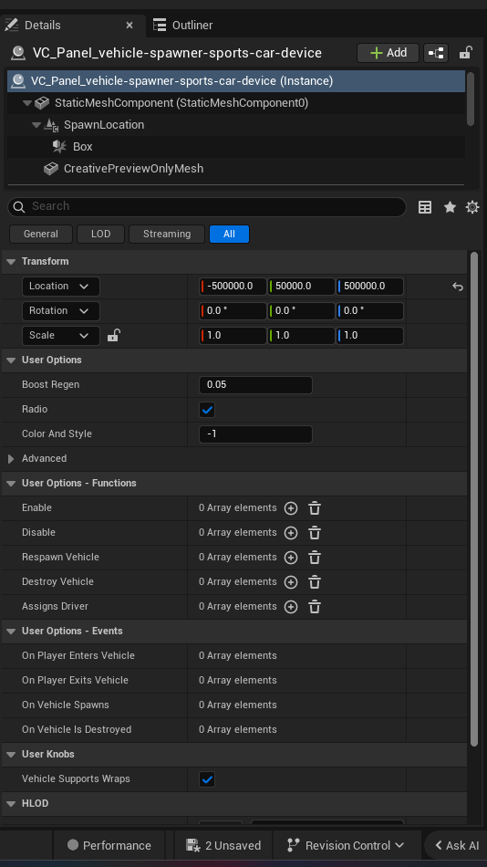 Vehicle Spawner Sports Car Device settings and options panel in the UEFN editor — Boost Regen, Radio, Color And Style