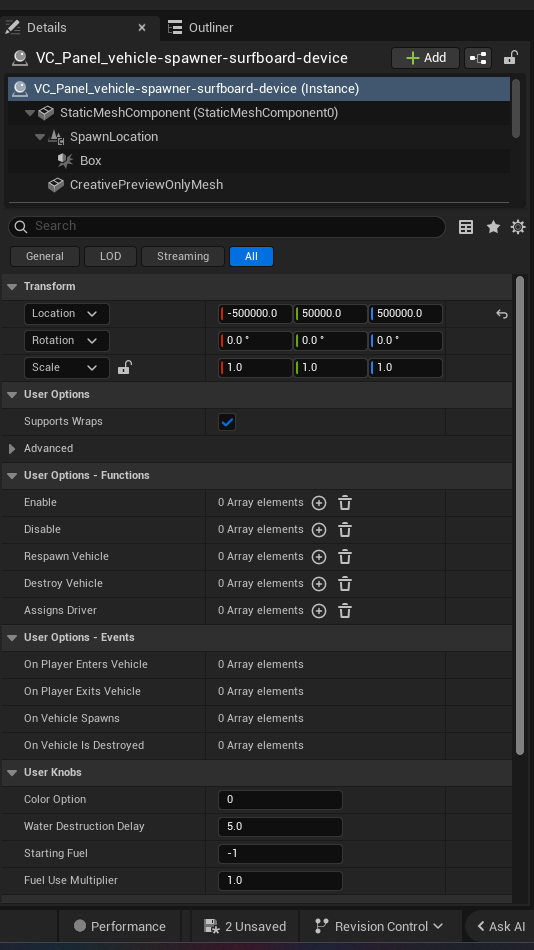 Vehicle Spawner Surfboard Device settings and options panel in the UEFN editor — Supports Wraps