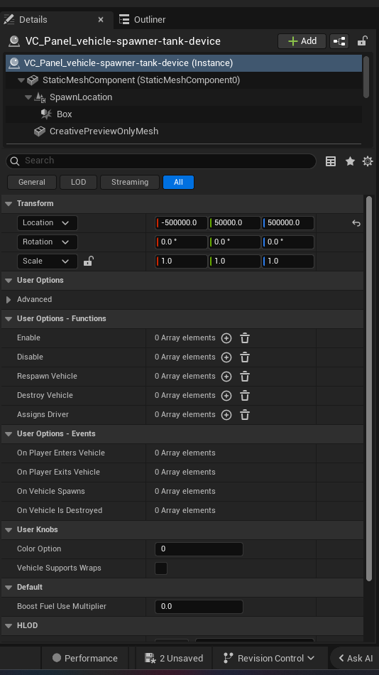 Vehicle Spawner Tank Device settings and options panel in the UEFN editor