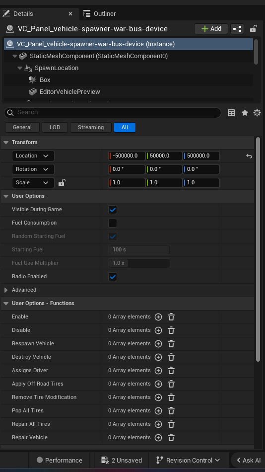 Vehicle Spawner War Bus Device settings and options panel in the UEFN editor — Visible During Game, Fuel Consumption, Random Starting Fuel, Starting Fuel, Fuel Use Multiplier, Radio Enabled