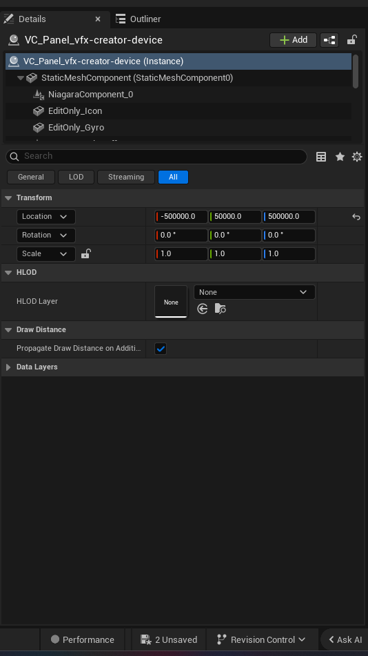 Vfx Creator Device settings and options panel in the UEFN editor — Start Effects When Enabled, Sprite Shape, Sprite Size, Sprite Duration, Sprite Rotation Alignment, Use Random Color, Main Color, Main Color Brightness, Secondary Color Brightness, Sprite Speed, Effect Gravity, Randomness, Size over Time, Spawn Mode, Effect Generation Amount, Spawn Zone Shape, Spawn Zone Size