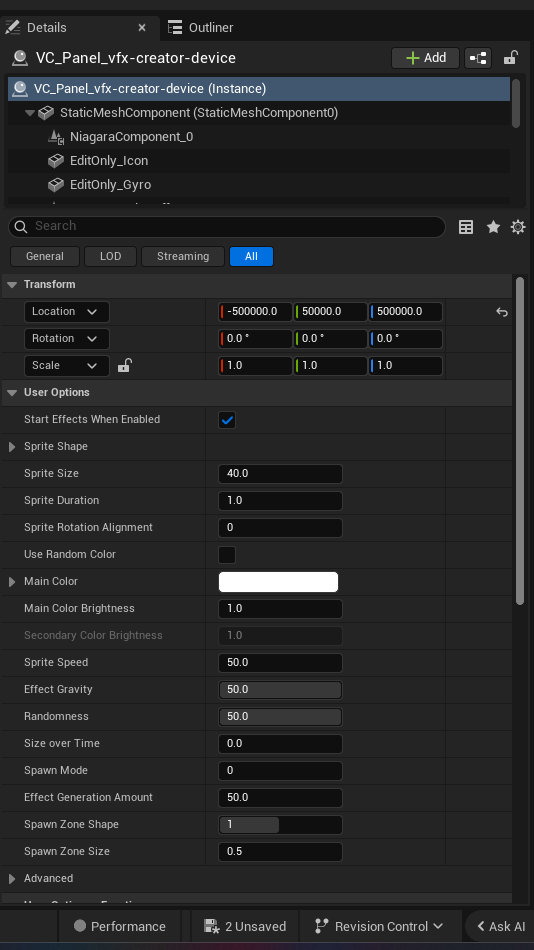 Vfx Creator Device settings and options panel in the UEFN editor — Start Effects When Enabled, Sprite Shape, Sprite Size, Sprite Duration, Sprite Rotation Alignment, Use Random Color, Main Color, Main Color Brightness, Secondary Color Brightness, Sprite Speed, Effect Gravity, Randomness, Size over Time, Spawn Mode, Effect Generation Amount, Spawn Zone Shape, Spawn Zone Size