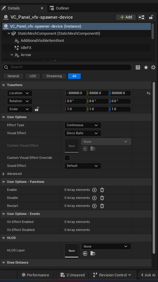 Vfx Spawner Device settings and options panel in the UEFN editor — Effect Type, Visual Effect, Custom Visual Effect, Custom Visual Effect Override, Sound Effect