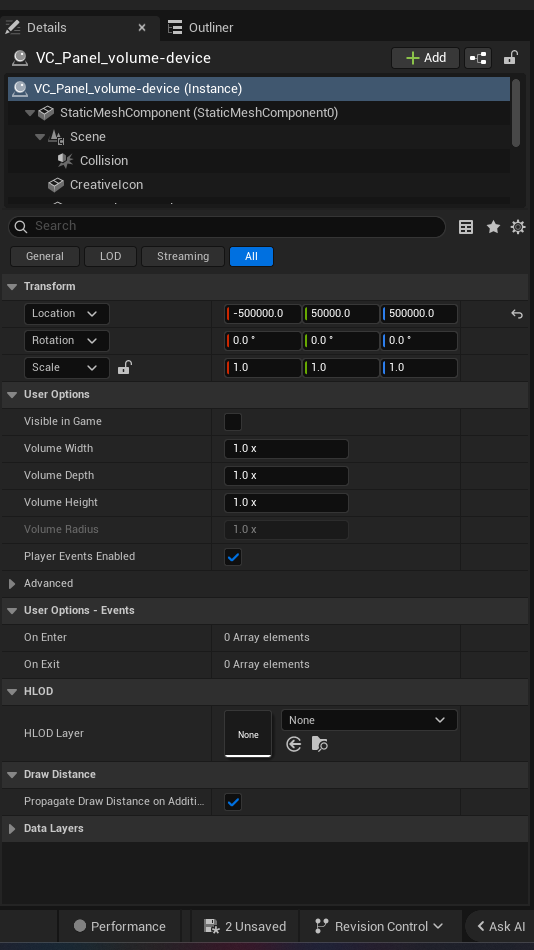 Volume Device settings and options panel in the UEFN editor — Visible in Game, Volume Width, Volume Depth, Volume Height, Volume Radius, Player Events Enabled
